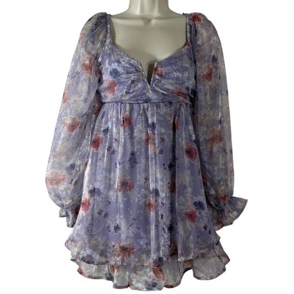 Thirty Thirty LA Lavender Floral Shimmer Mini Dress XS Sweetheart Ruffle Sleeve